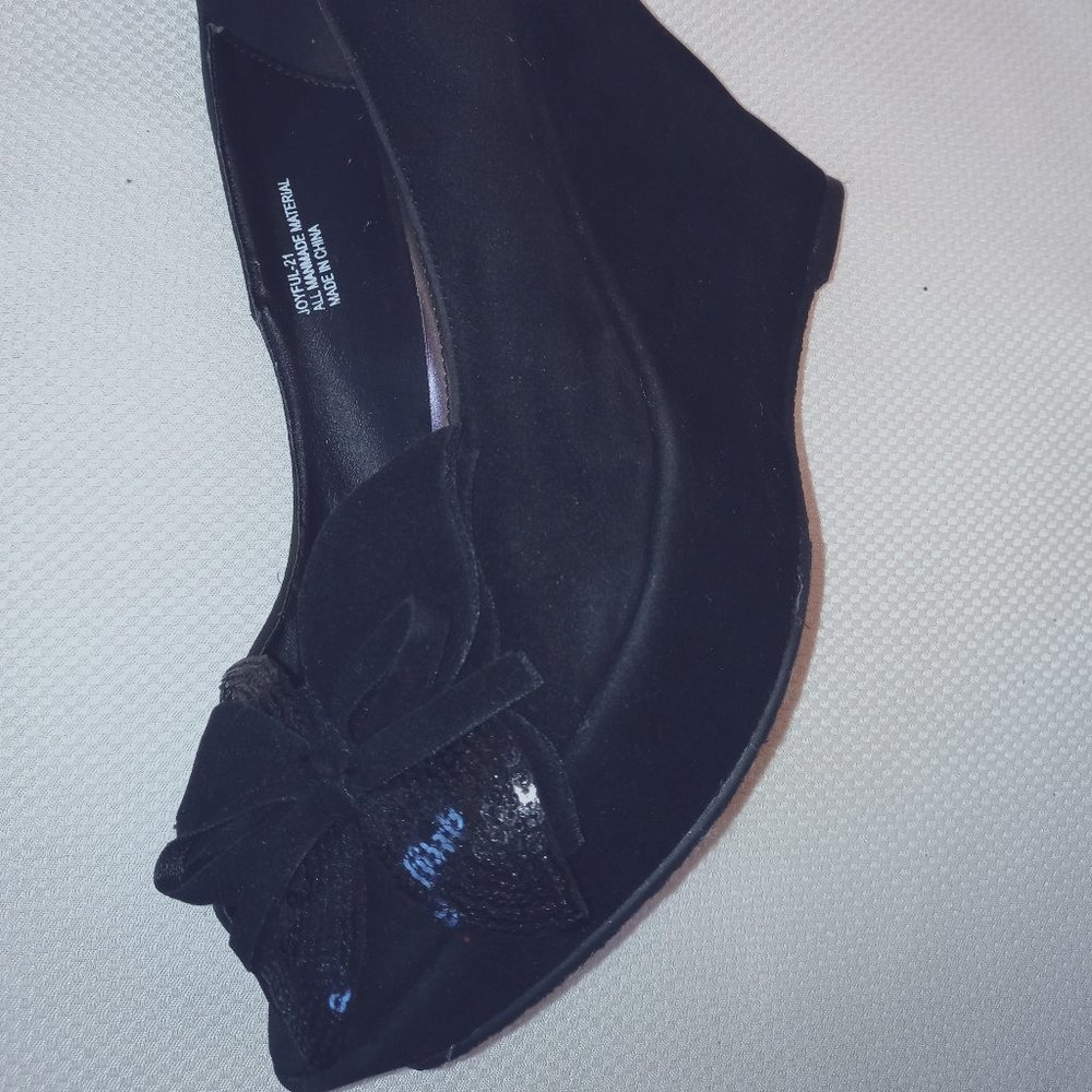 Black Faux Suede Wedge Heels Sequin Butterfly deta